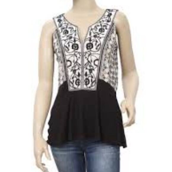 ANTHROPOLOGIE Meadow Rue Boho Sleeveless Tank Top Embroidery Black Cream XS - Picture 4 of 4
